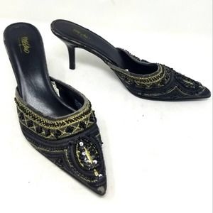 Mossimo Metallic Glitter Heels Brown Beaded Pointed Toe Slip ons Size 8.5